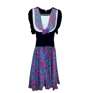 Vtg 80 Maximalist Dress Drop Waist Black Velvet Purple  New Wave XS Punk‎ Rock